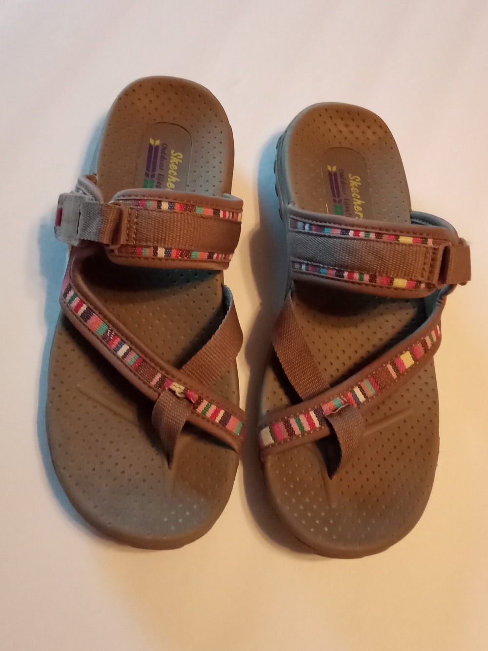 Skechers Brown Strappy Slide Sandals with Multi-Color Trim